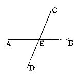 Two
straight lines intersecting at point E, horizontal line AB crossed by
diagonal line CD, forming four angles. A classic Euclidean diagram
illustrating intersecting lines and the angles they produce.