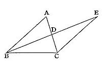 Two
overlapping triangles, ABC on the left with interior point D, and a
larger triangle extending to E on the right, their sides crossing at D,
illustrating a proposition about overlapping or congruent triangles.